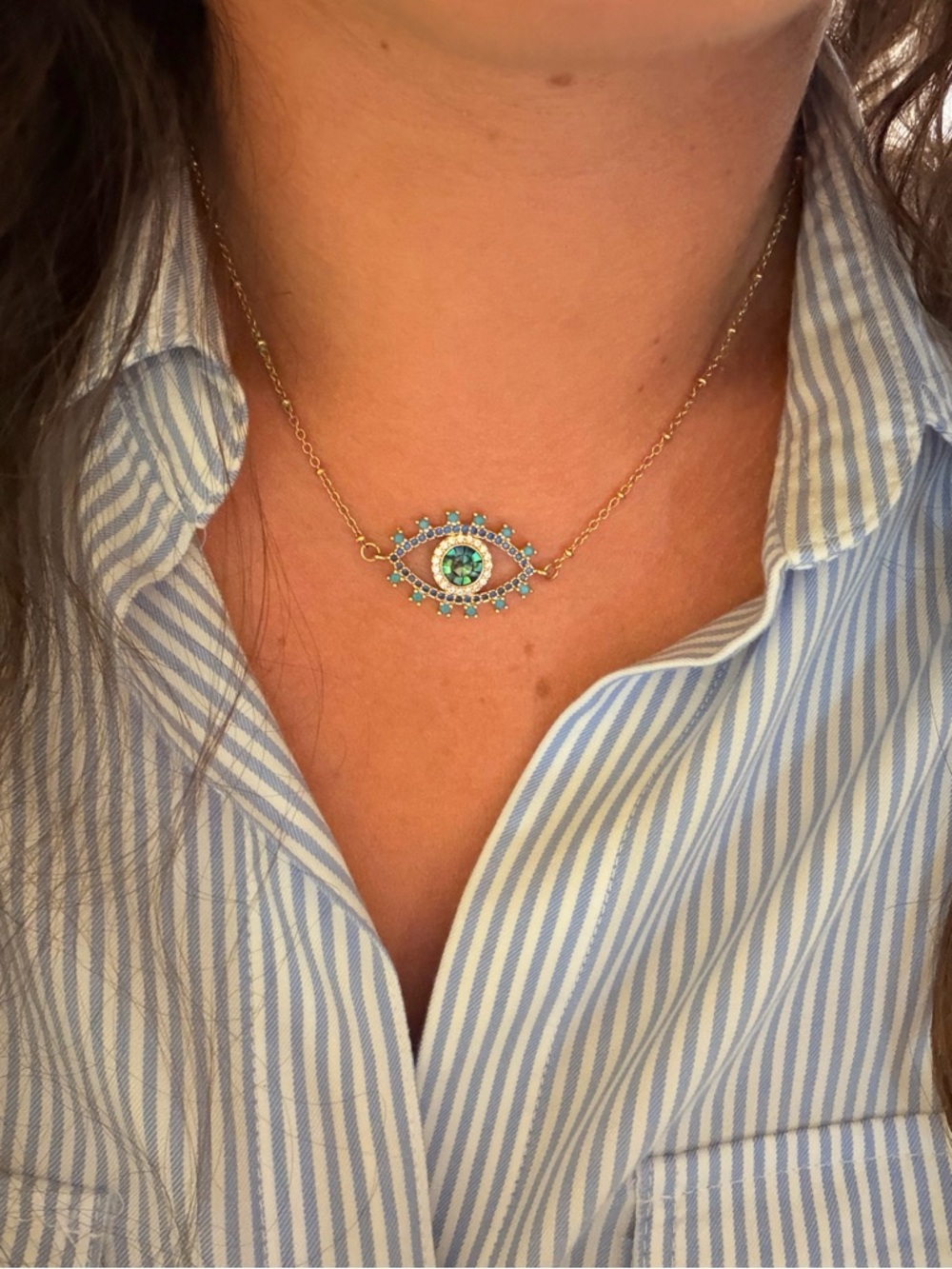 Vanessa Mooney Gold Evil Eye Pendant Necklace with Green and Turquoise Stones